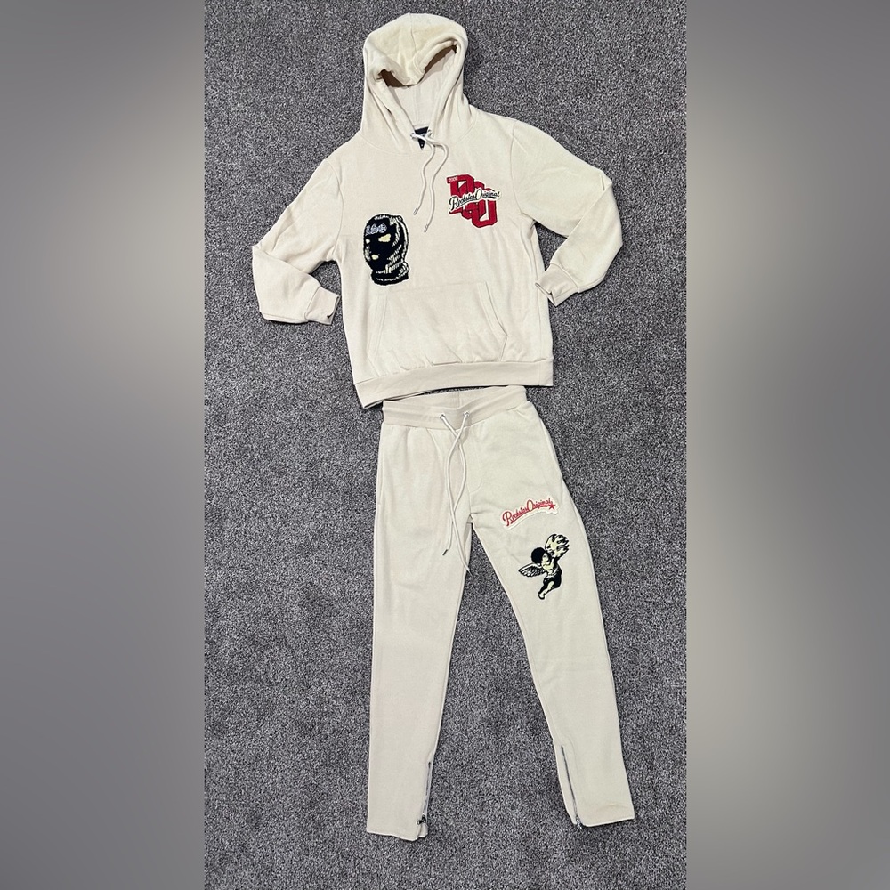 Rockstar Cream Hoodie & Sweatpants Set – Chenille Patches – Size Small